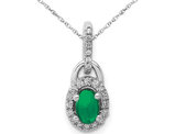 3/5 Carat (ctw) Natural Cabochon Emerald Halo Pendant Necklace in 14K White Gold with Chain and Accent Diamonds